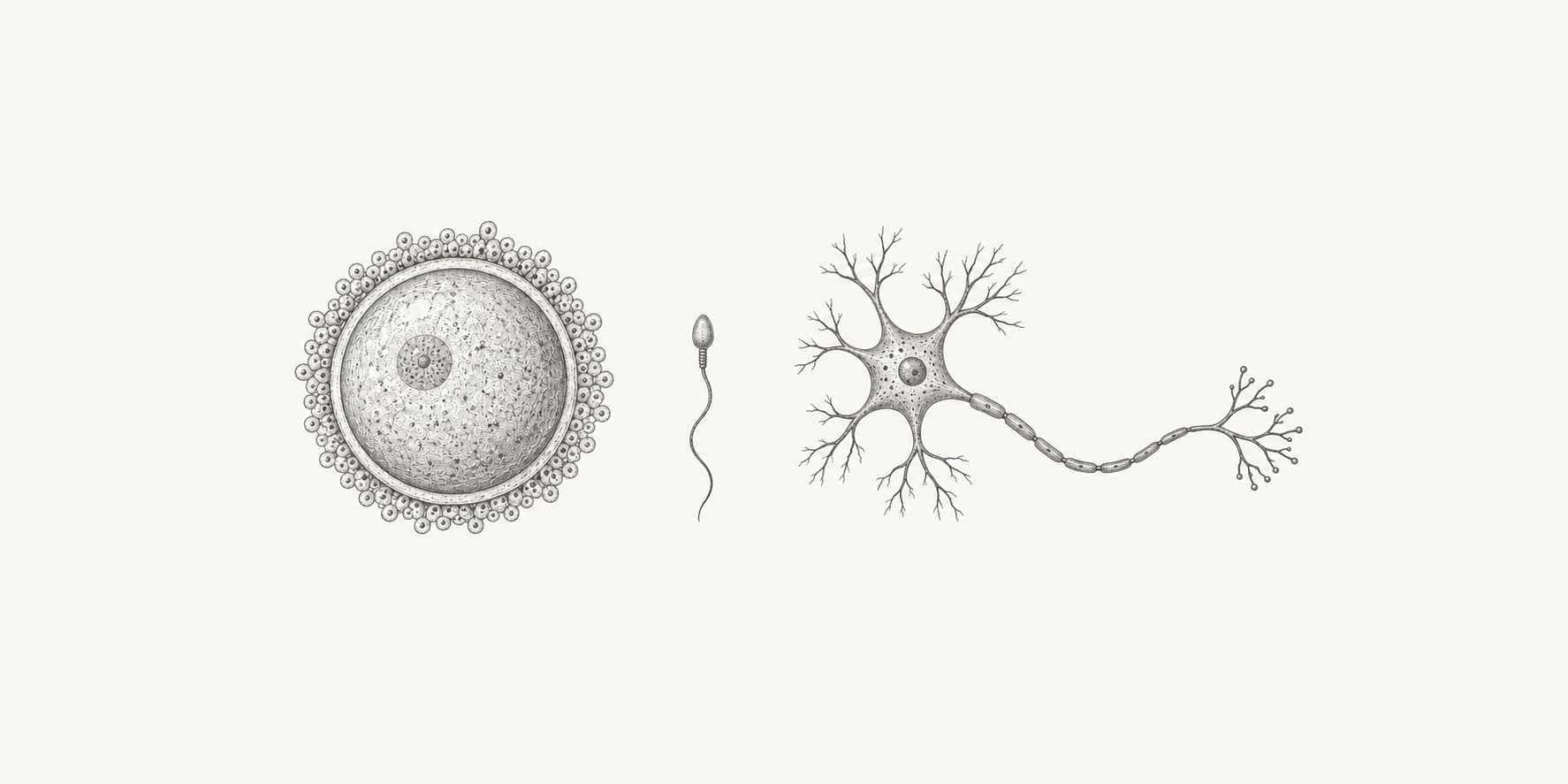 Ink illustration of an oocyte, sperm cell, and neuron representing different measures of cell size.