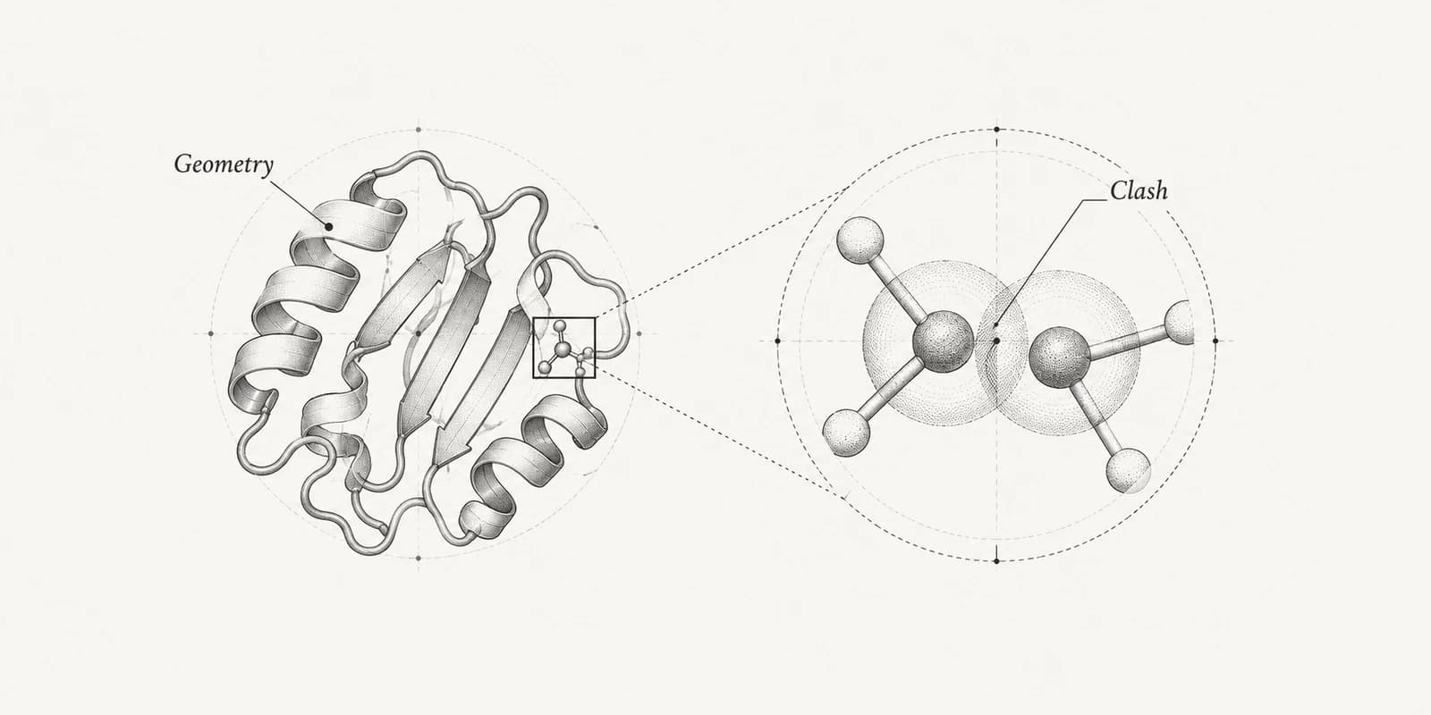 Protein fold with a magnified view of overlapping nonbonded atomic envelopes.