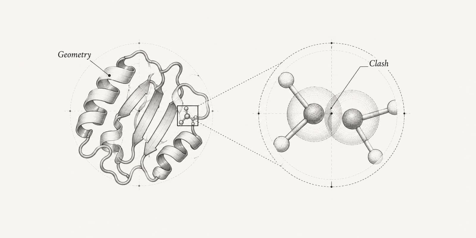 Protein fold with a magnified view of overlapping nonbonded atomic envelopes.