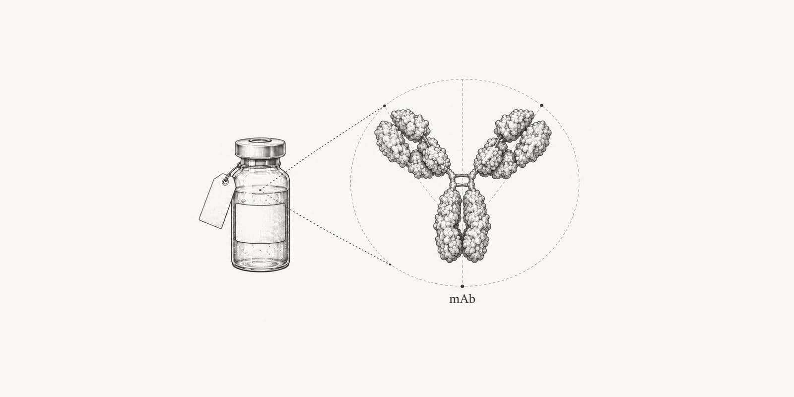 Ink illustration of a medicine vial with a blank price tag beside an enlarged Y-shaped monoclonal antibody.