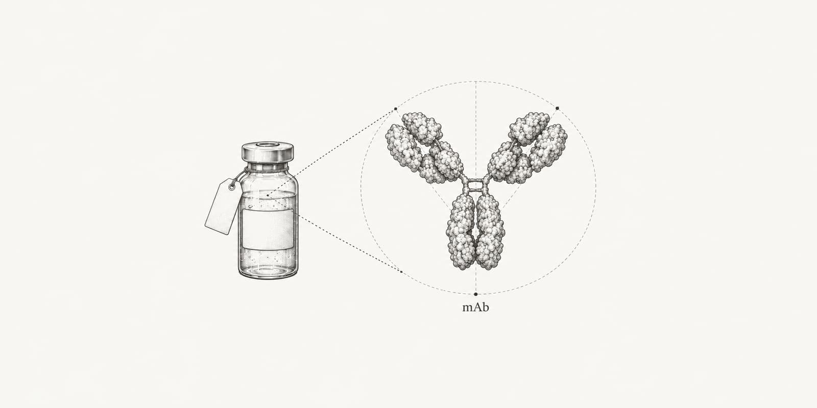 Ink illustration of a medicine vial with a blank price tag beside an enlarged Y-shaped monoclonal antibody.