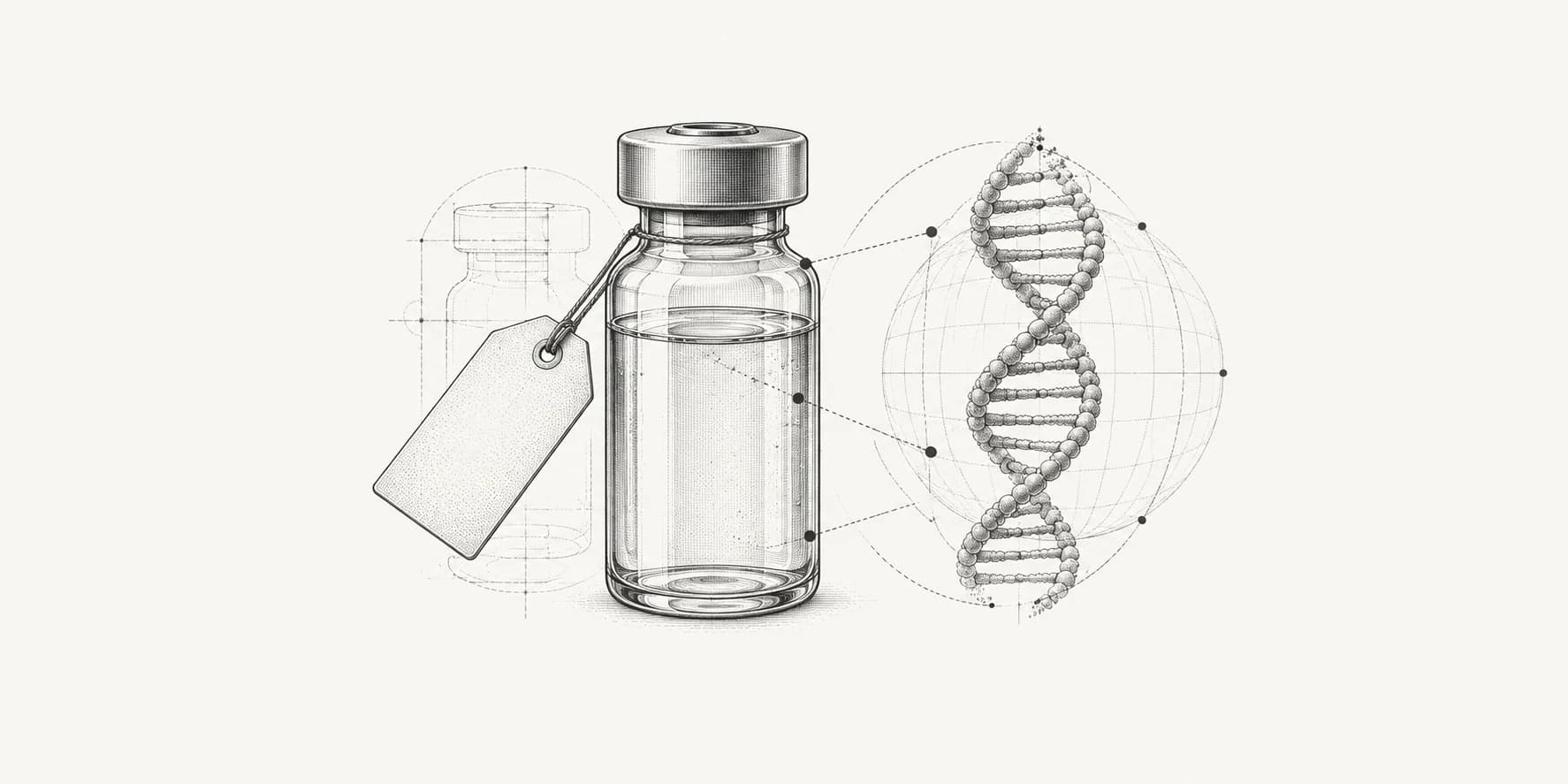 Ink illustration of a gene therapy vial with a blank price tag beside a DNA double helix.