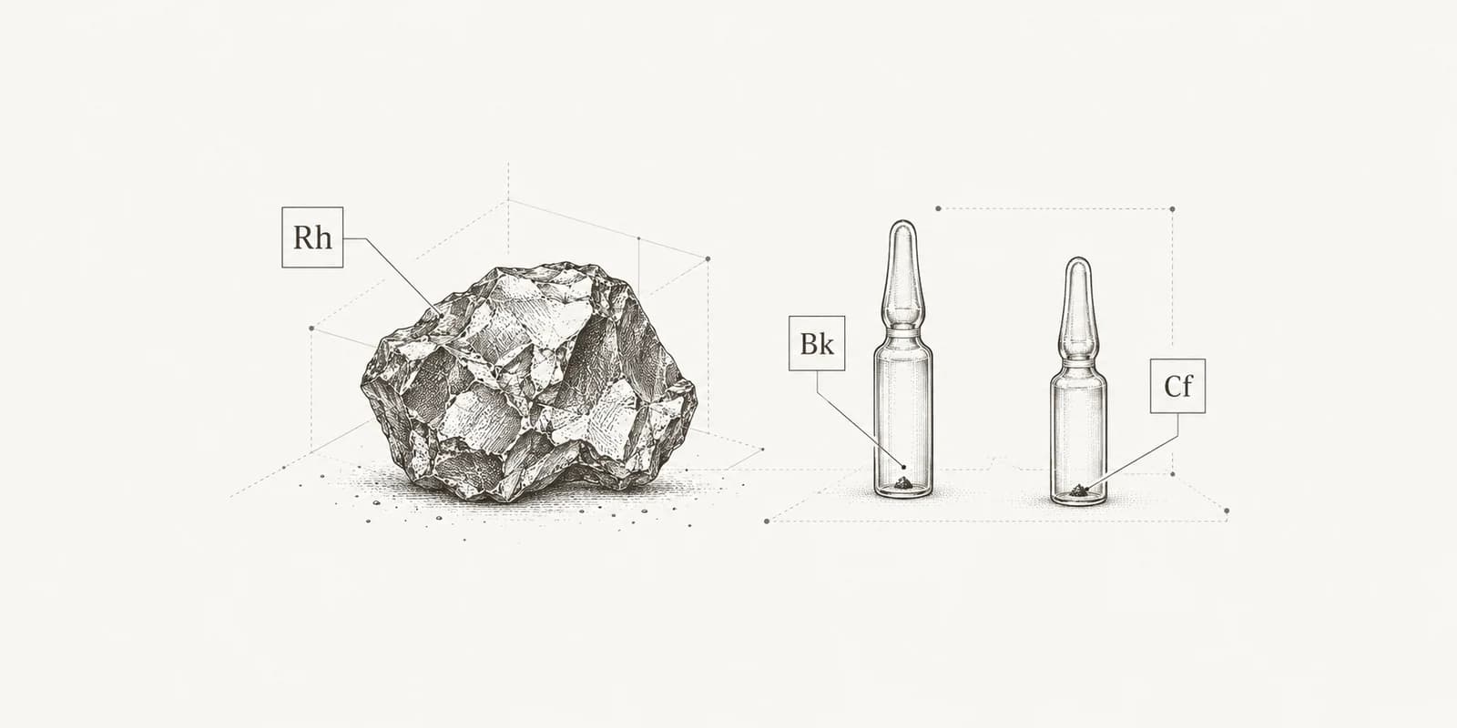Ink illustration of a rhodium specimen and sealed berkelium and californium samples, labeled Rh, Bk, and Cf.