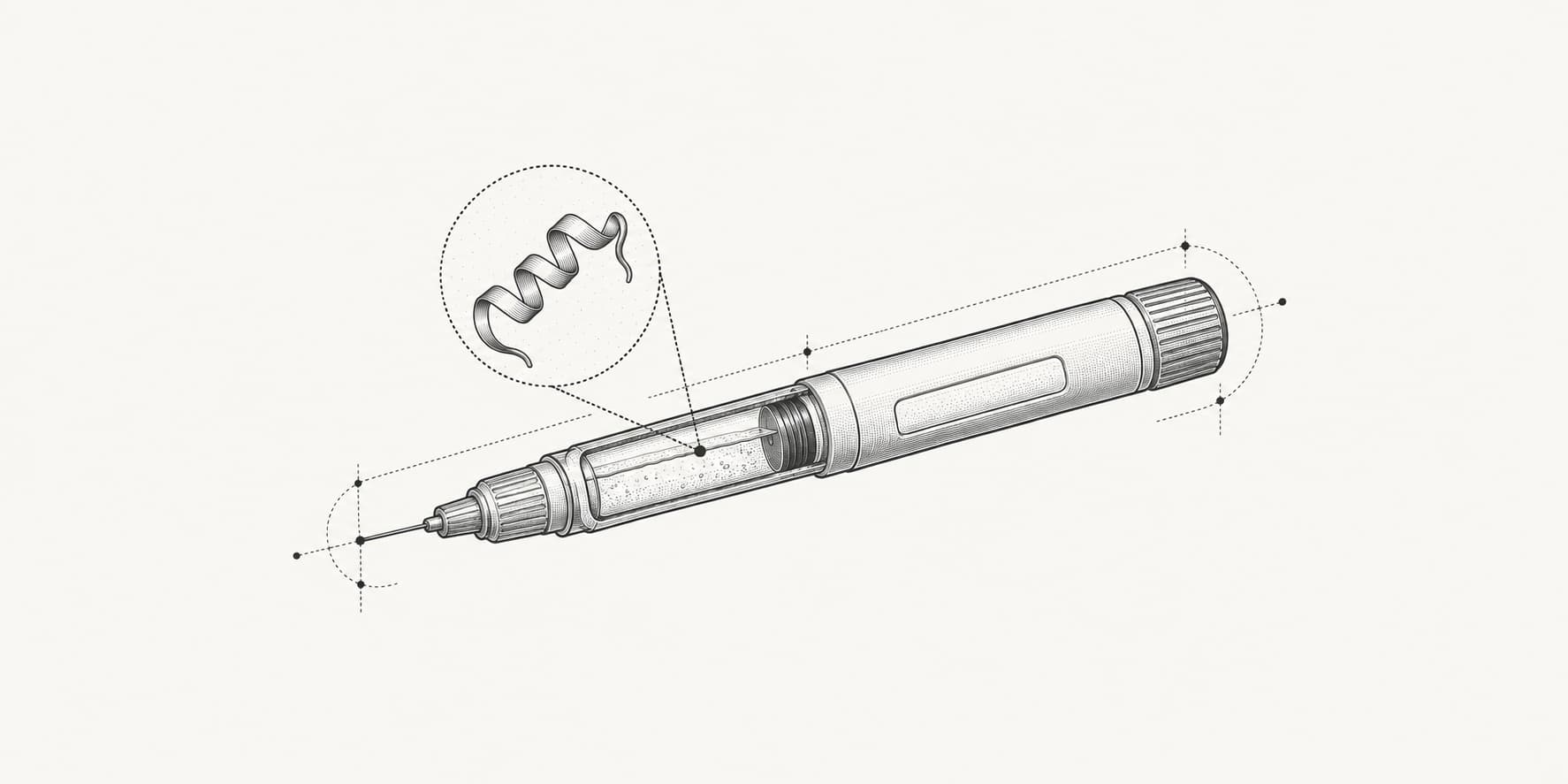 Scientific illustration of an injection pen with a conceptual peptide detail.