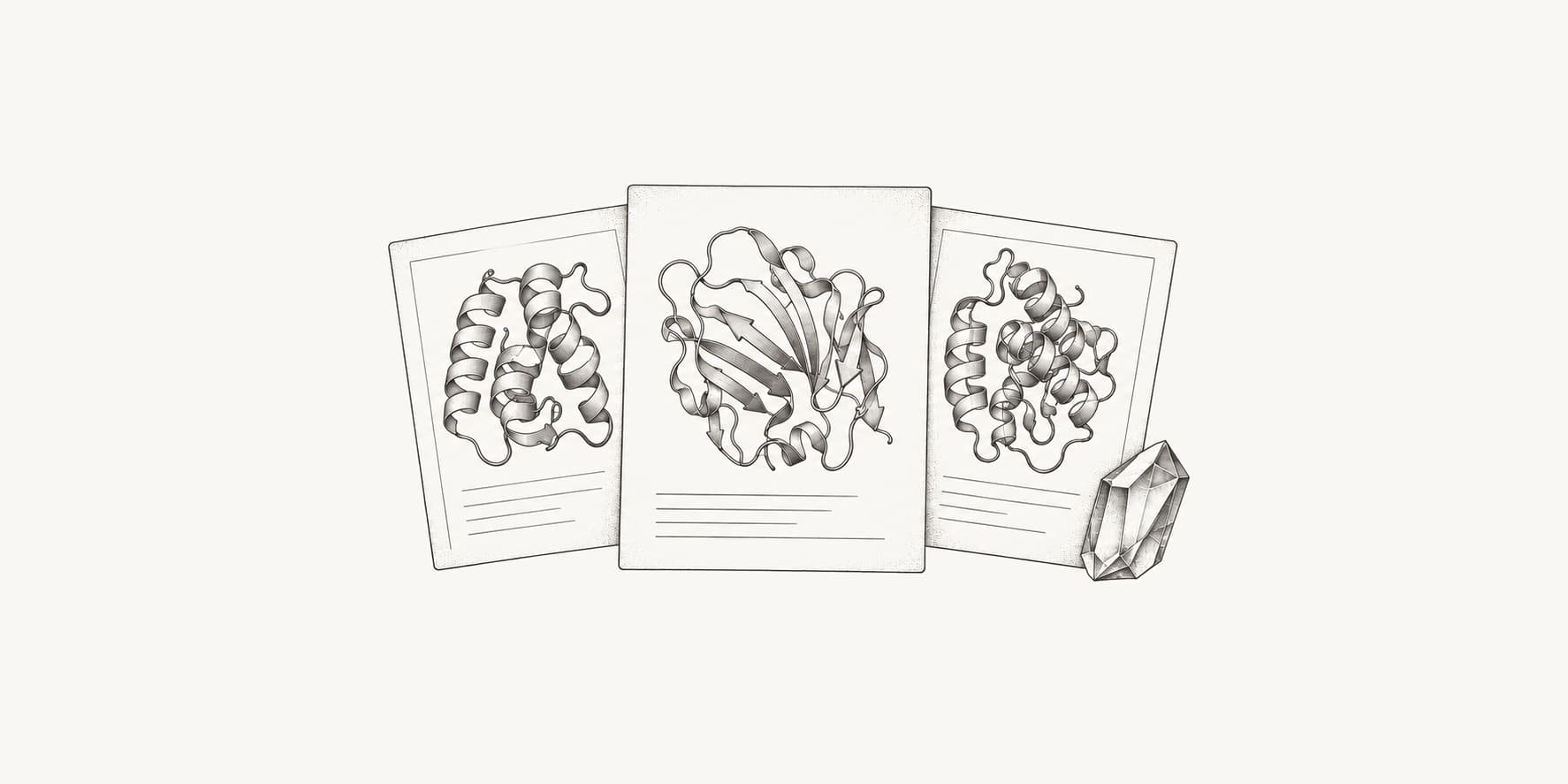 Ink illustration of archived protein structure records and a crystal representing the Protein Data Bank.
