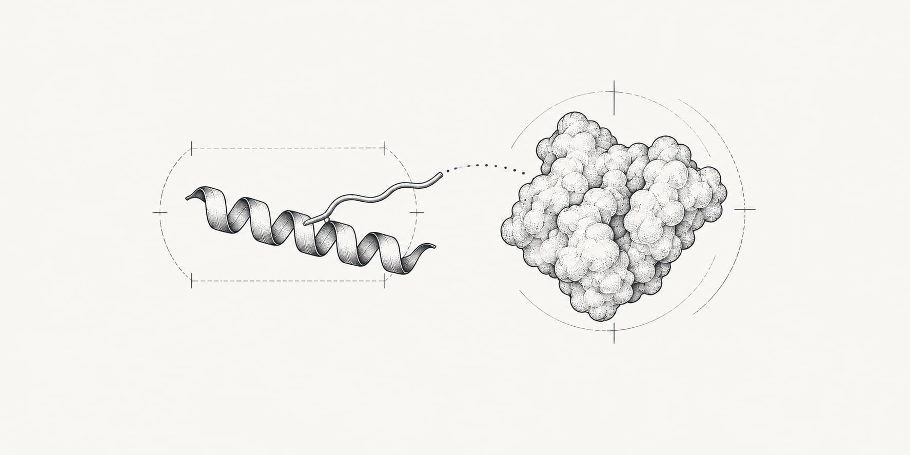 Conceptual scientific illustration of a peptide with a branched side chain associating with albumin.