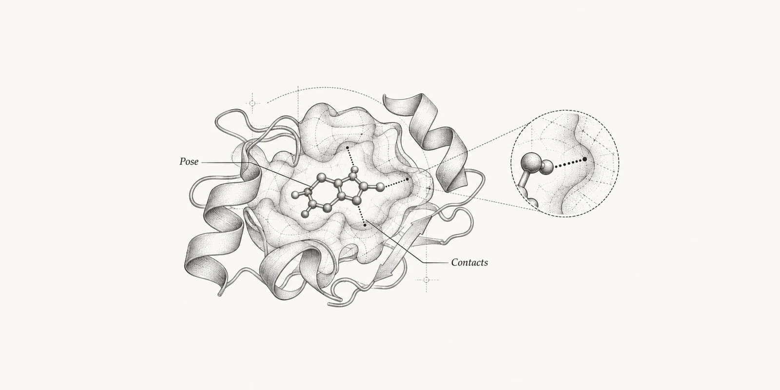 Small molecule in a protein pocket with dotted contacts and a magnified contact detail.