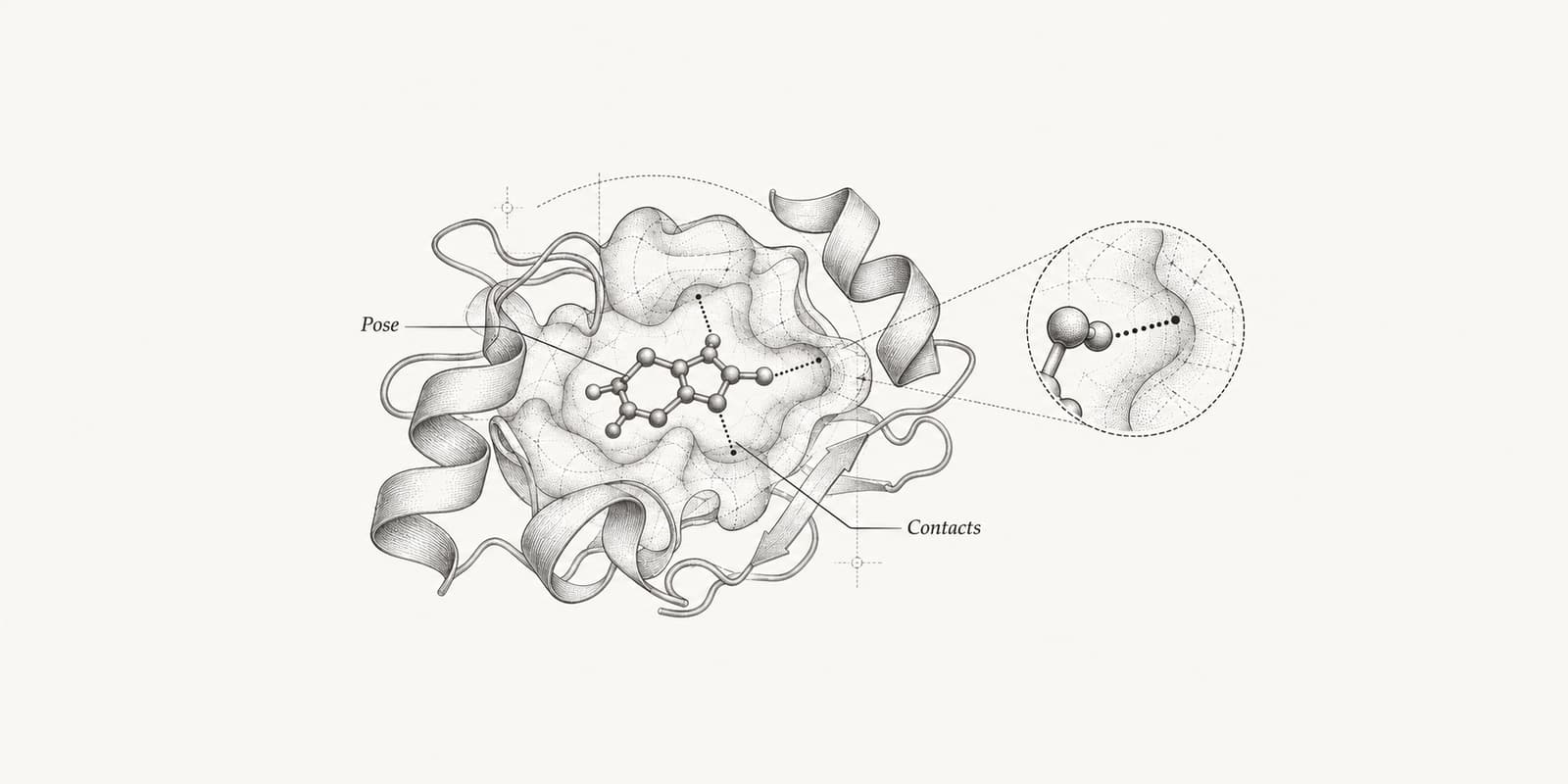 Small molecule in a protein pocket with dotted contacts and a magnified contact detail.