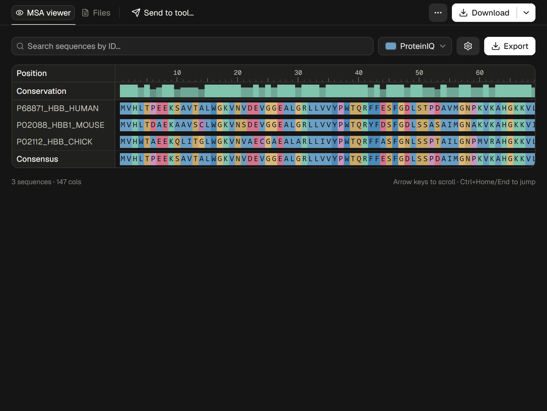 Clustal Omega result showing the beta-globin alignment in the MSA viewer