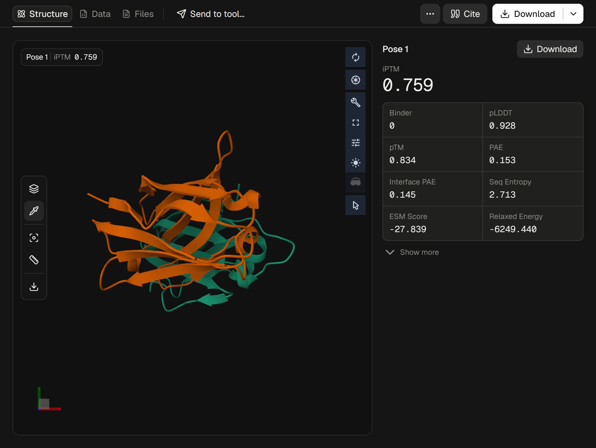 mBER result showing the relaxed PD-L1 and VHH complex with its confidence metrics