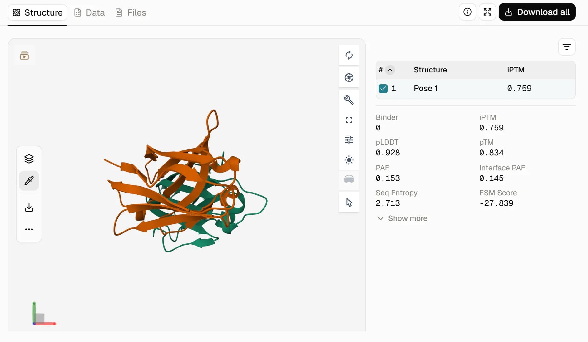 mBER result showing the relaxed PD-L1 and VHH complex with its confidence metrics