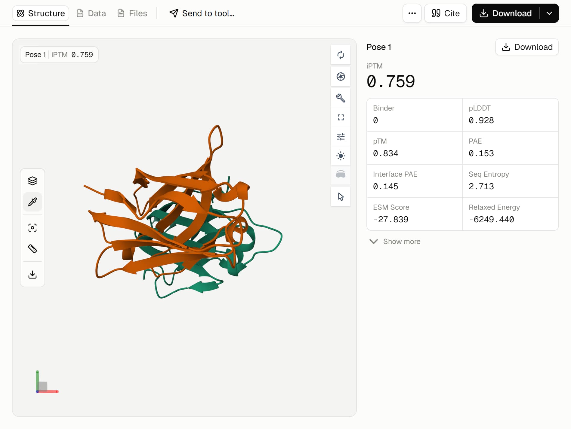 mBER result showing the relaxed PD-L1 and VHH complex with its confidence metrics