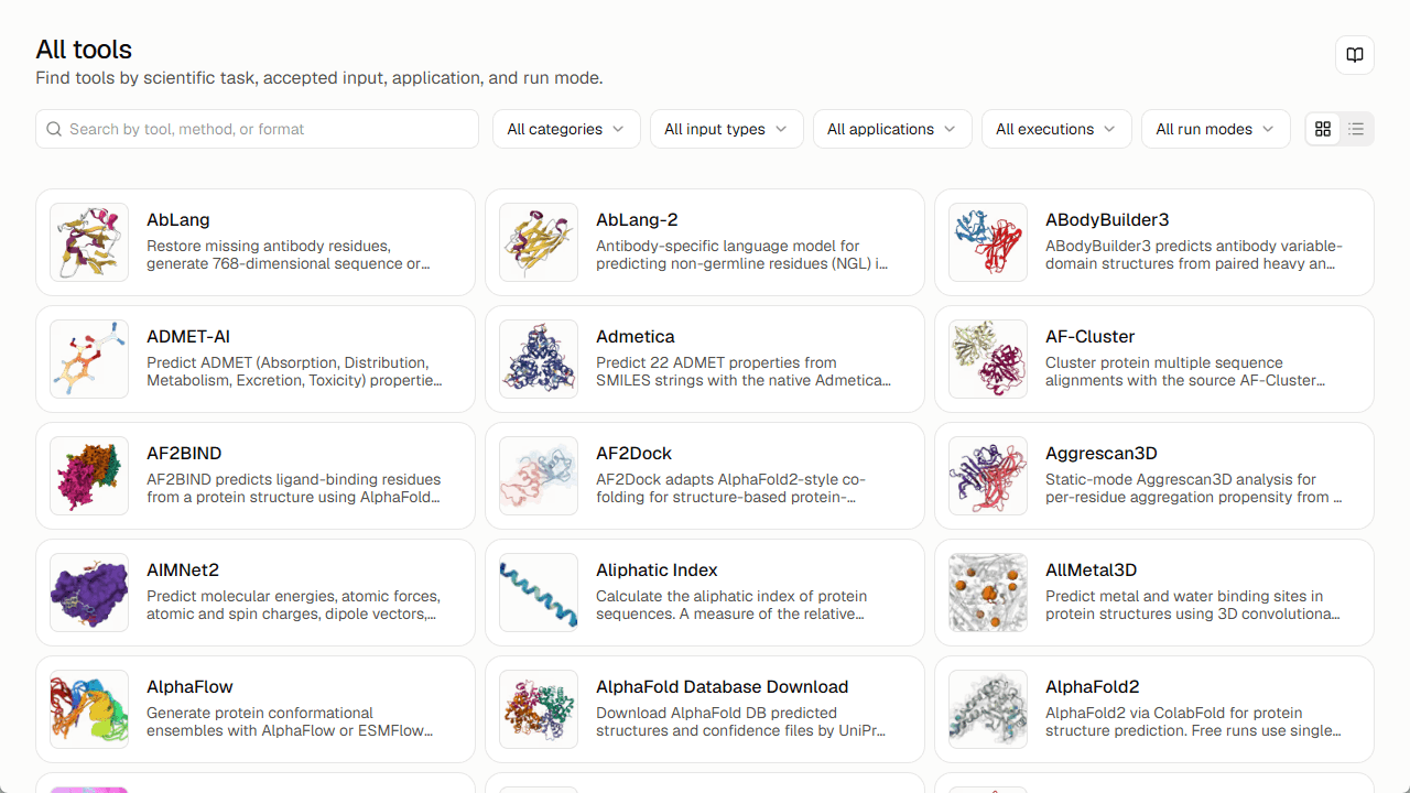 The ProteinIQ tool catalog showing available bioinformatics tools