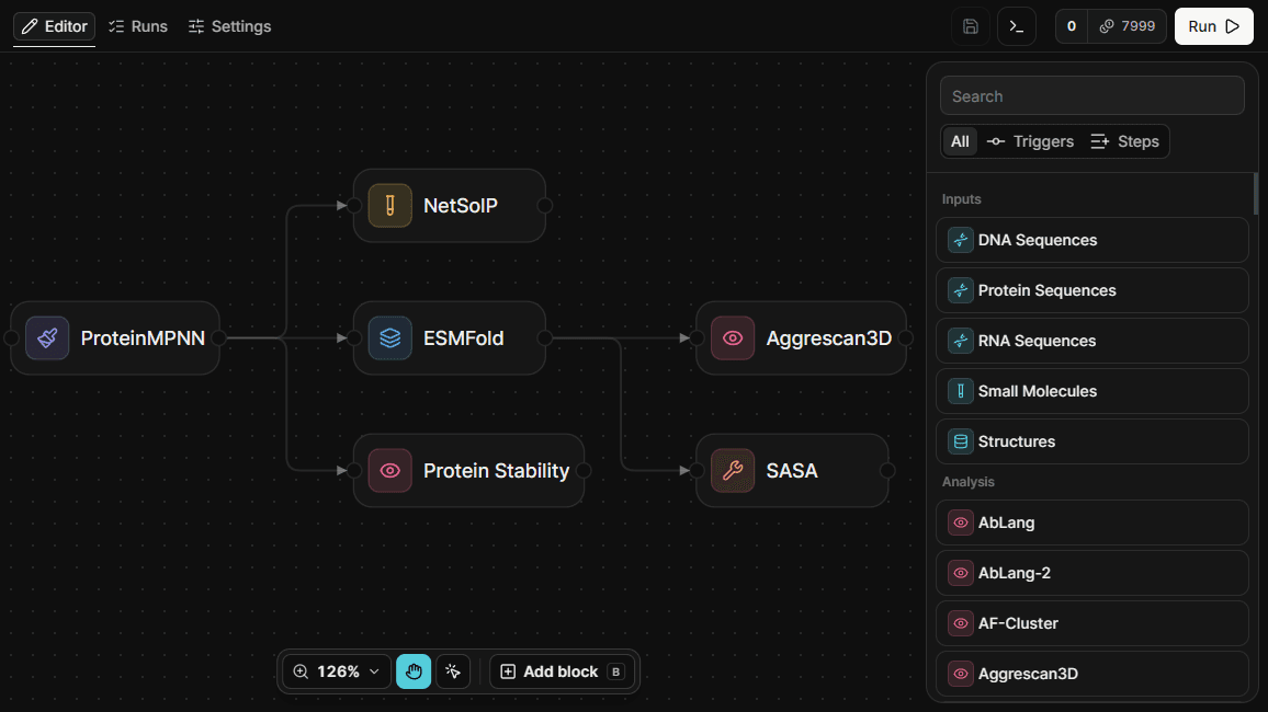 A multi-step workflow in the ProteinIQ editor