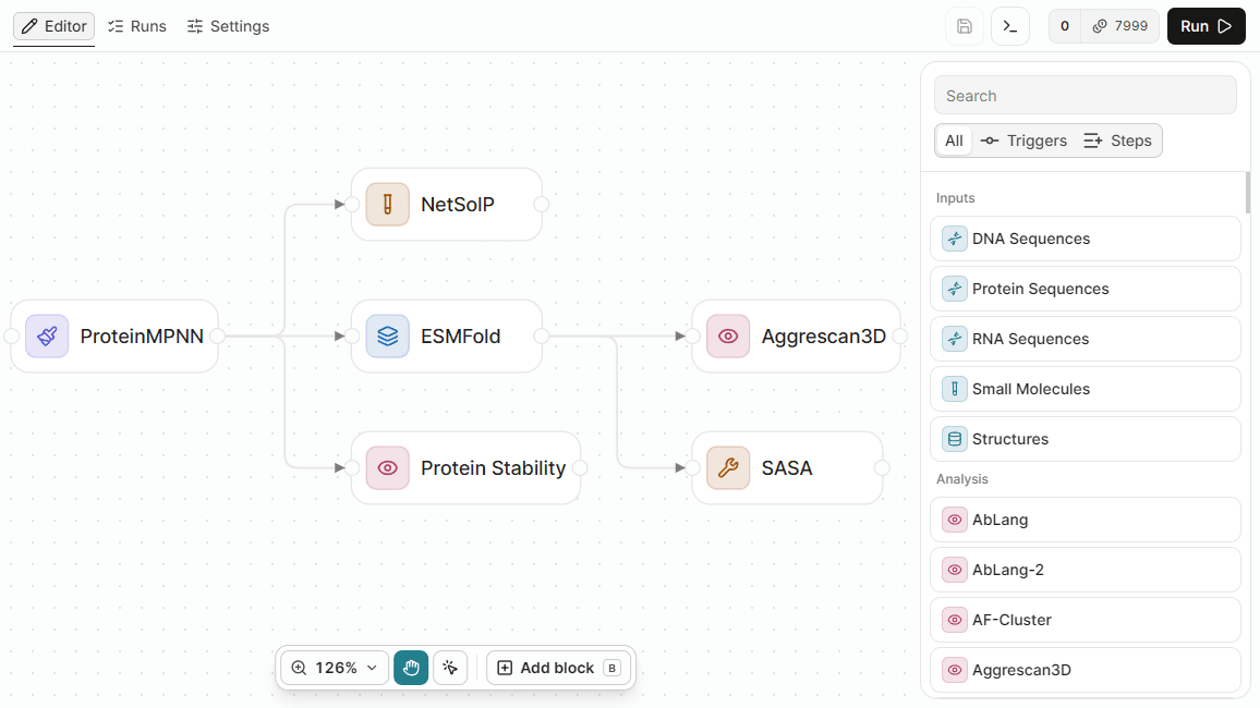A multi-step workflow in the ProteinIQ editor