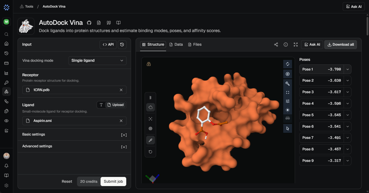 The ProteinIQ workspace showing a biomolecular docking result with ranked poses