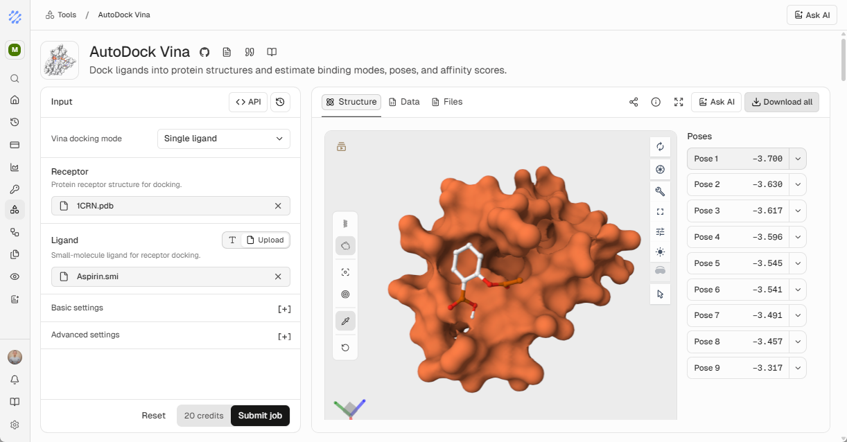 The ProteinIQ workspace showing a biomolecular docking result with ranked poses