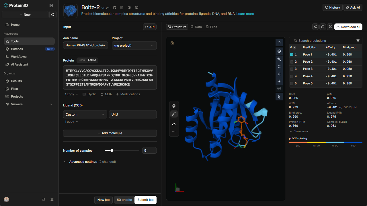 The ProteinIQ workspace showing a protein folding result with a predicted structure
