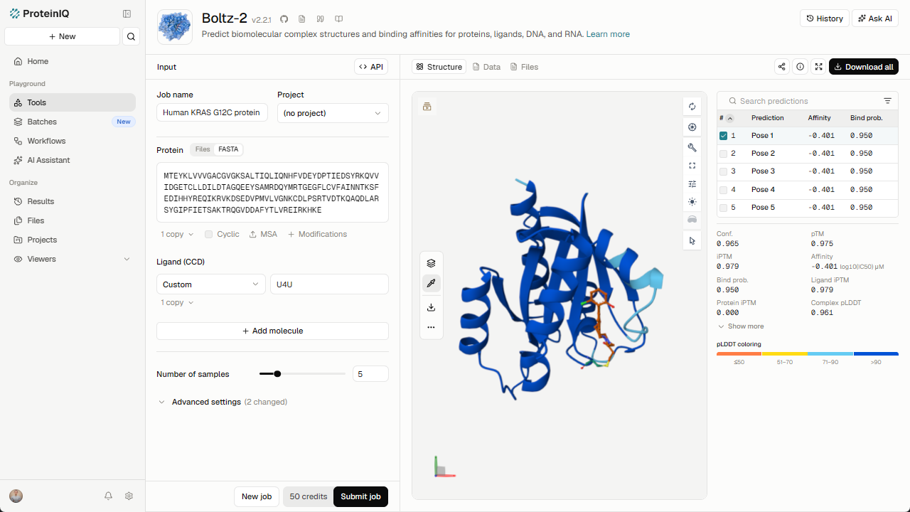 The ProteinIQ workspace showing a protein folding result with a predicted structure