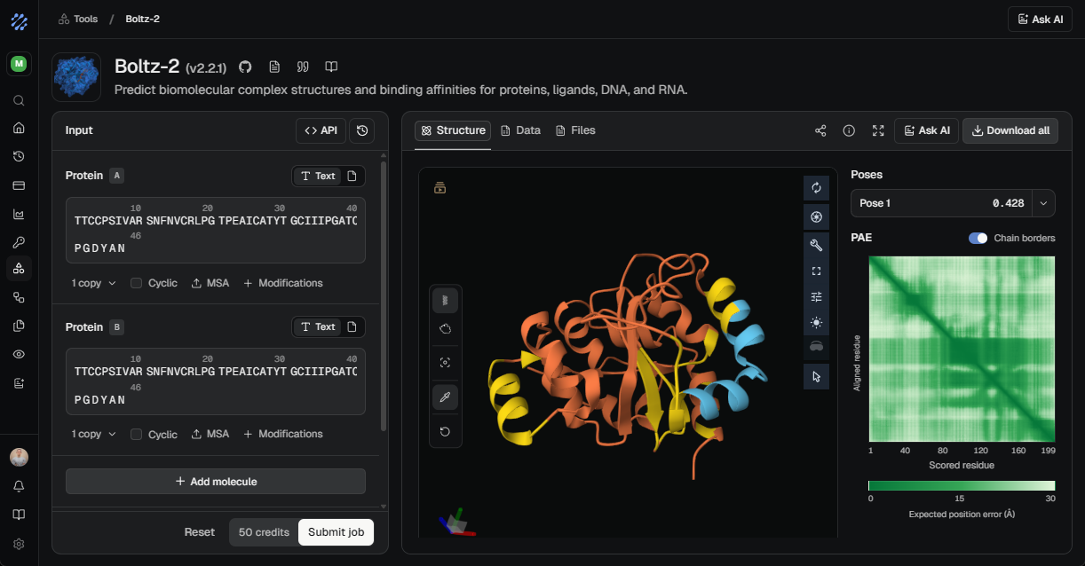 The ProteinIQ workspace showing a protein folding result with a predicted structure