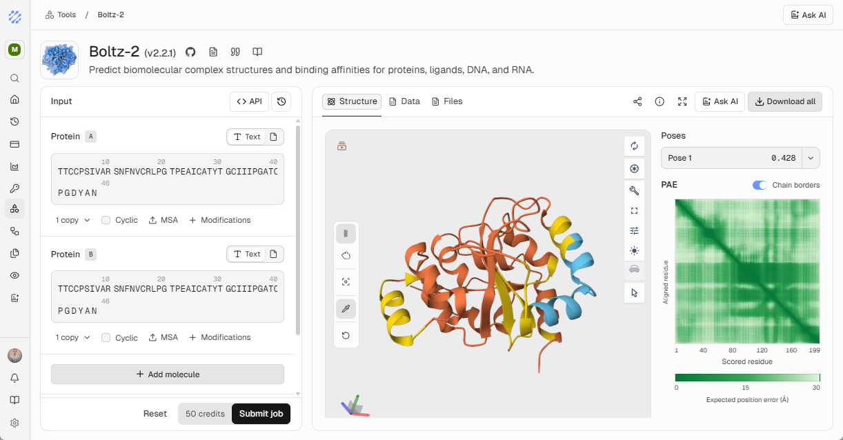 The ProteinIQ workspace showing a protein folding result with a predicted structure