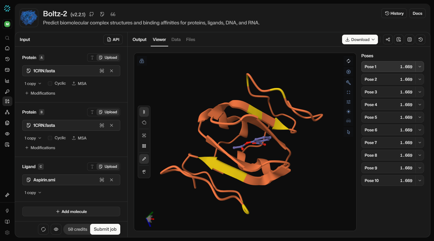 The ProteinIQ workspace showing a predicted protein structure with docking results