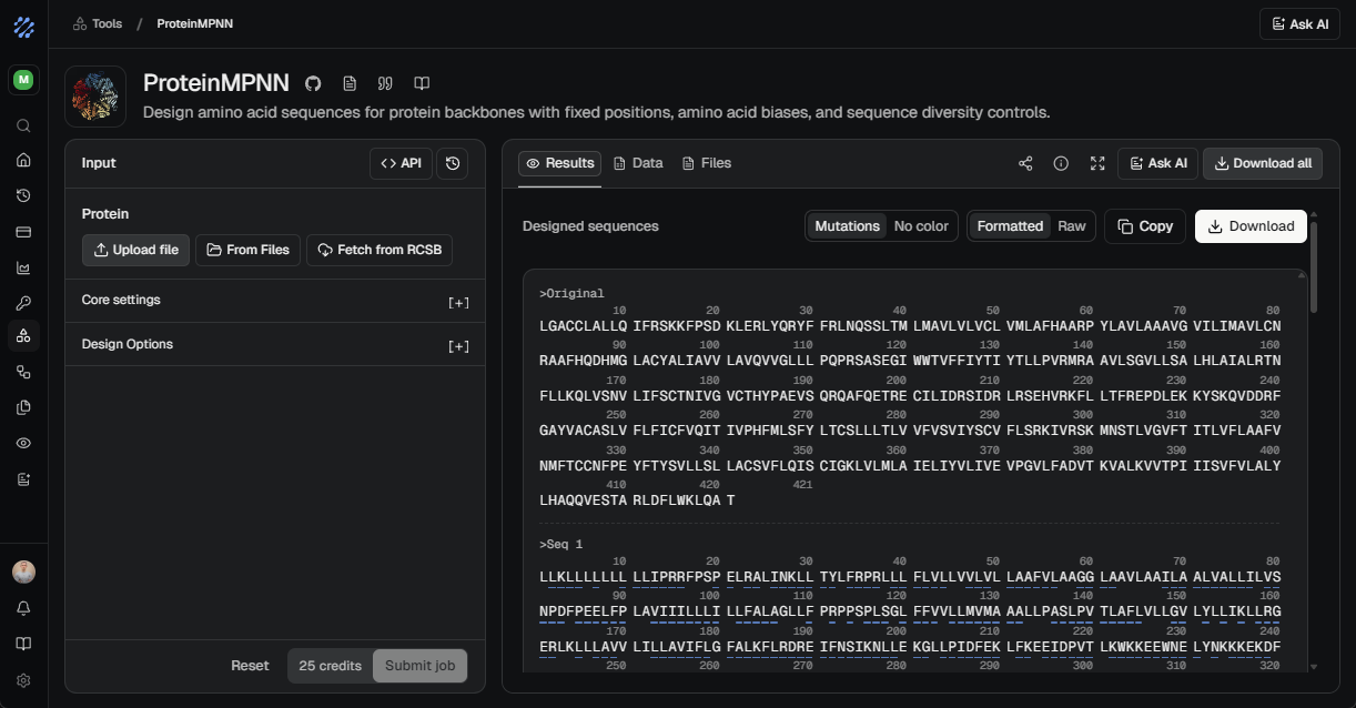 The ProteinIQ workspace showing a protein sequence design result