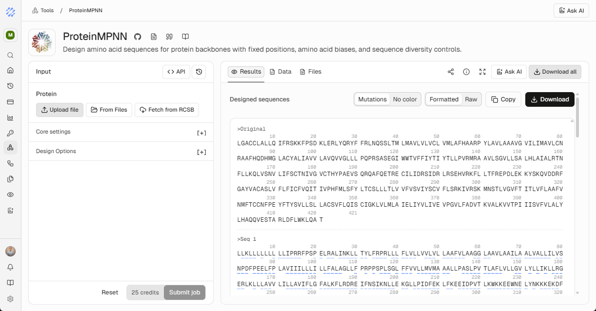 The ProteinIQ workspace showing a protein sequence design result